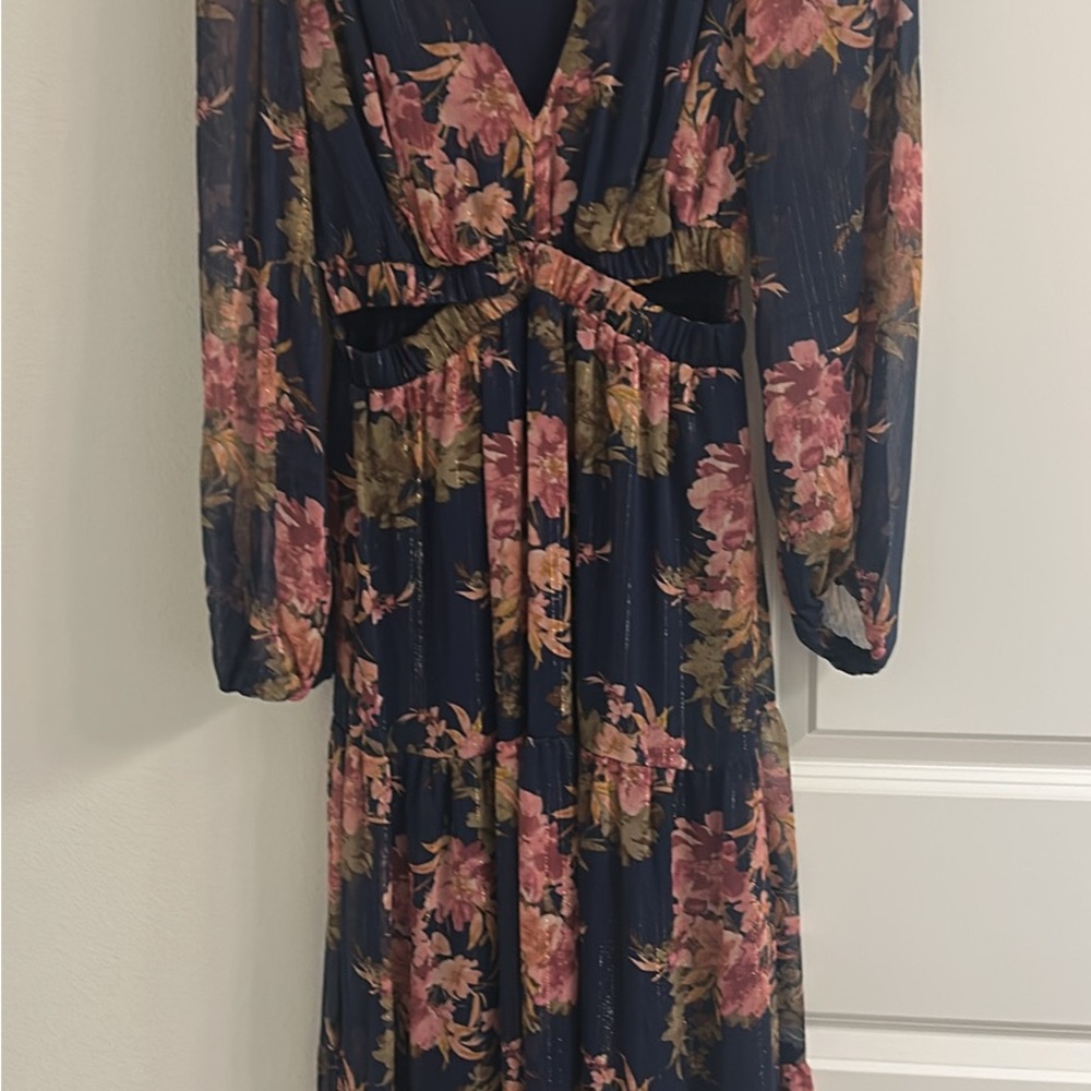 Elegant Floral Long Sleeve Dress in Navy and Pink